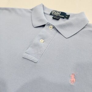 Polo Ralph Lauren 100% Cotton French Blue Polo Shirt Mens Size Large Pink Pony